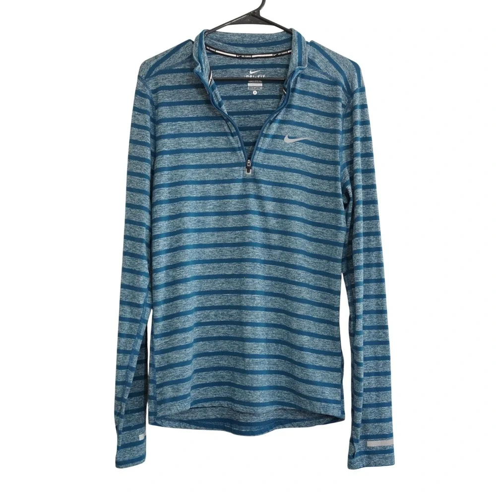 Nike‎ Running Mens Size Small Dri-FIT Blue Striped Quarter Zip Pullover